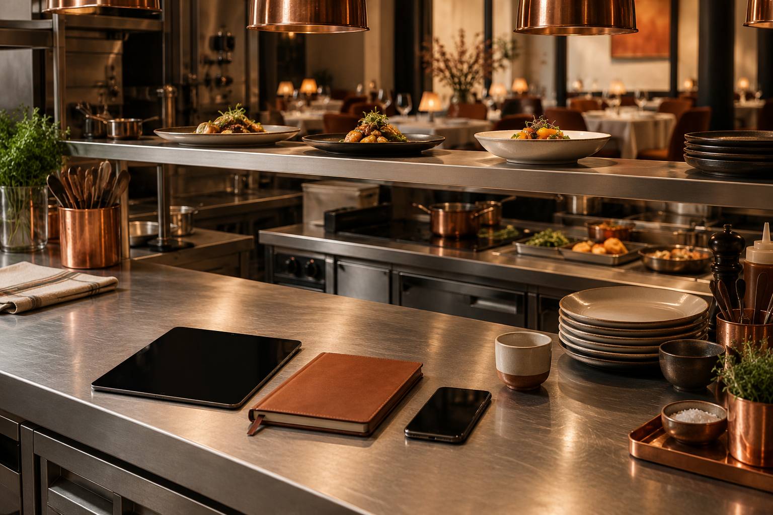 Tablette éteinte, carnet et téléphone posés sur un passe de cuisine inox