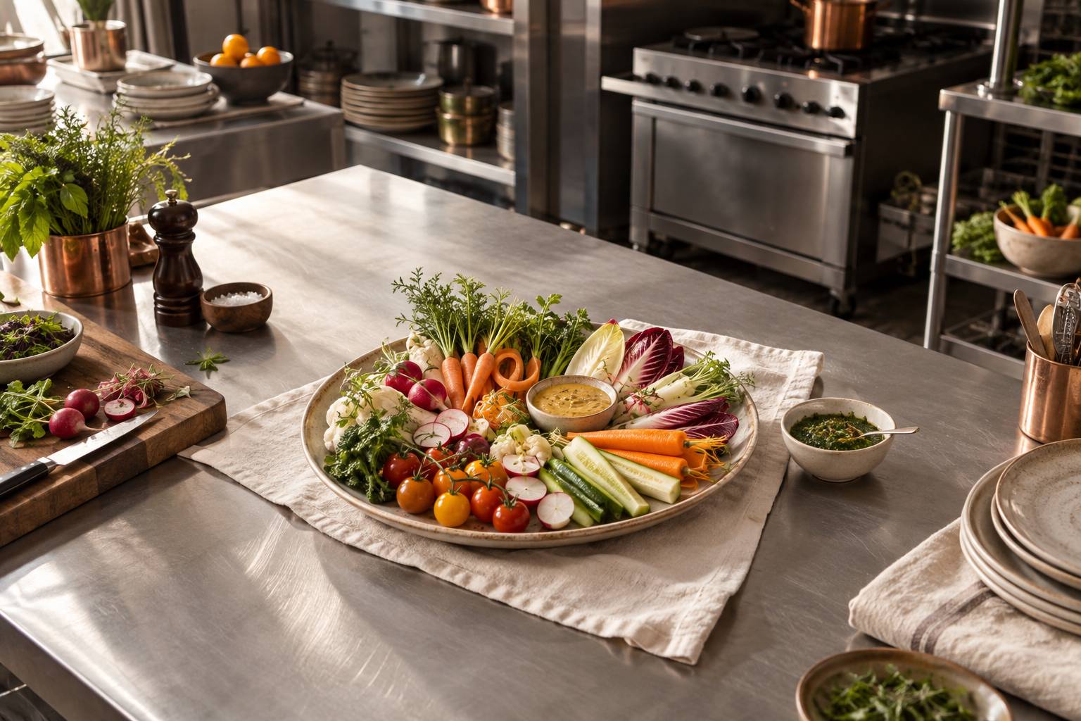 Ramequins de sauce moutardée et aux herbes près d'un plat de crudités