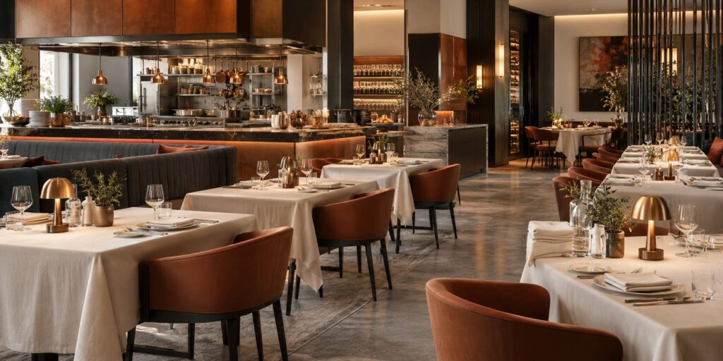 Salle de restaurant dressée avec tables nappées et postes de service en inox